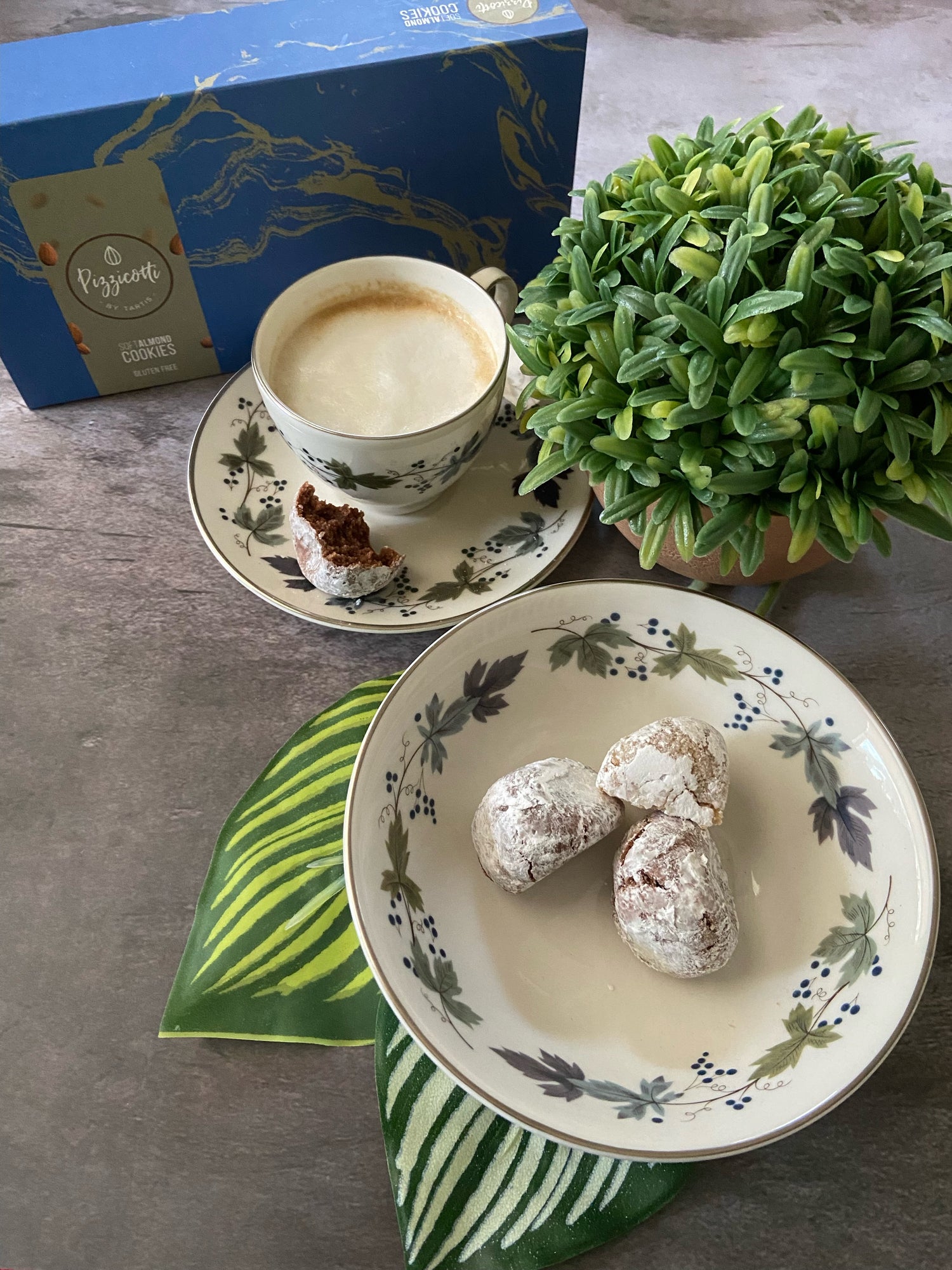 Pizzicotti, soft almond cookies on a beautiful ball accompanied with coffee